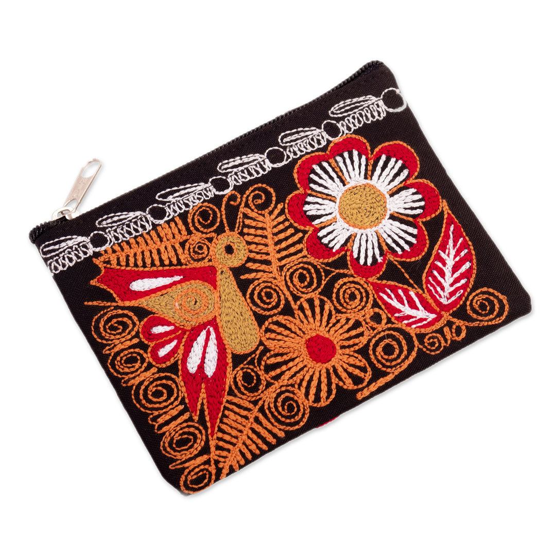 Butterfly-Themed Embroidered Coin Purse in Orange and Red - Evening Butterfly