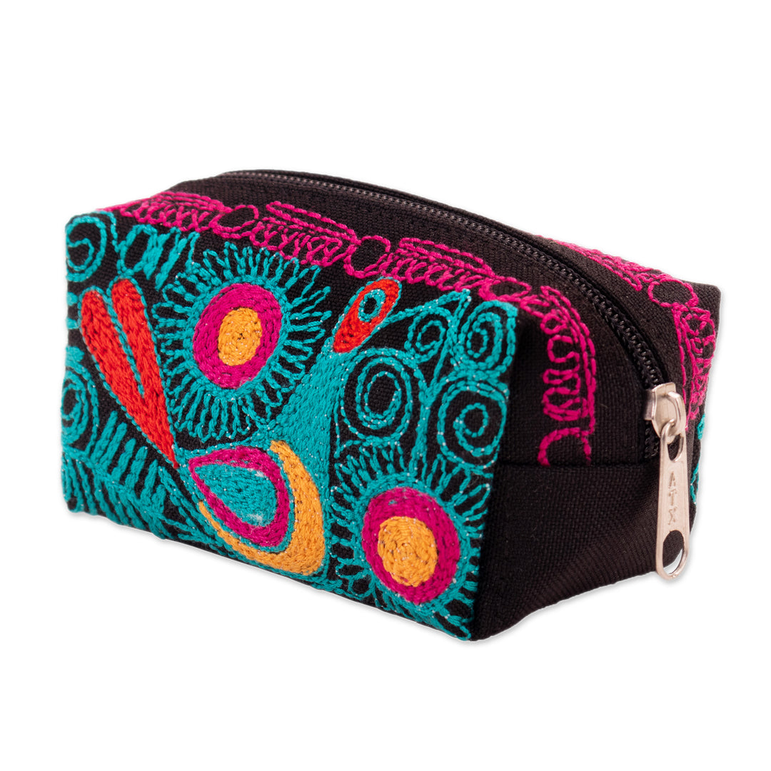 Andean-Themed Turquoise and Fuchsia Embroidered Cosmetic Bag - Charmed Feathers