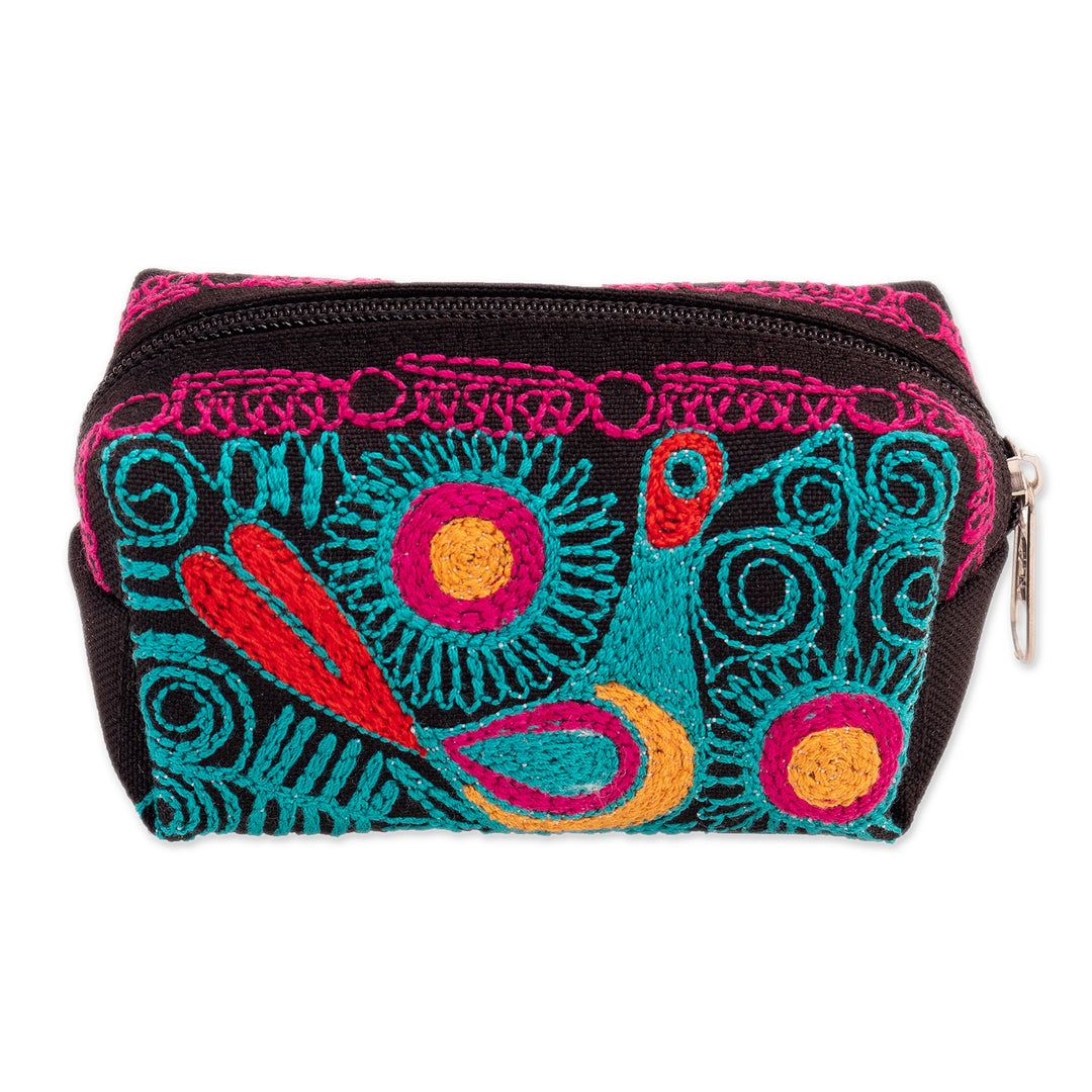 Andean-Themed Turquoise and Fuchsia Embroidered Cosmetic Bag - Charmed Feathers