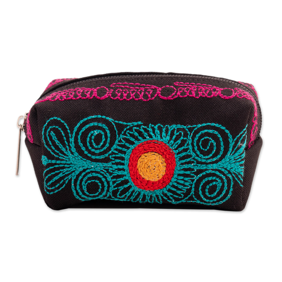 Andean-Themed Turquoise and Fuchsia Embroidered Cosmetic Bag - Charmed Feathers