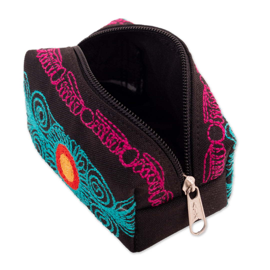 Andean-Themed Turquoise and Fuchsia Embroidered Cosmetic Bag - Charmed Feathers
