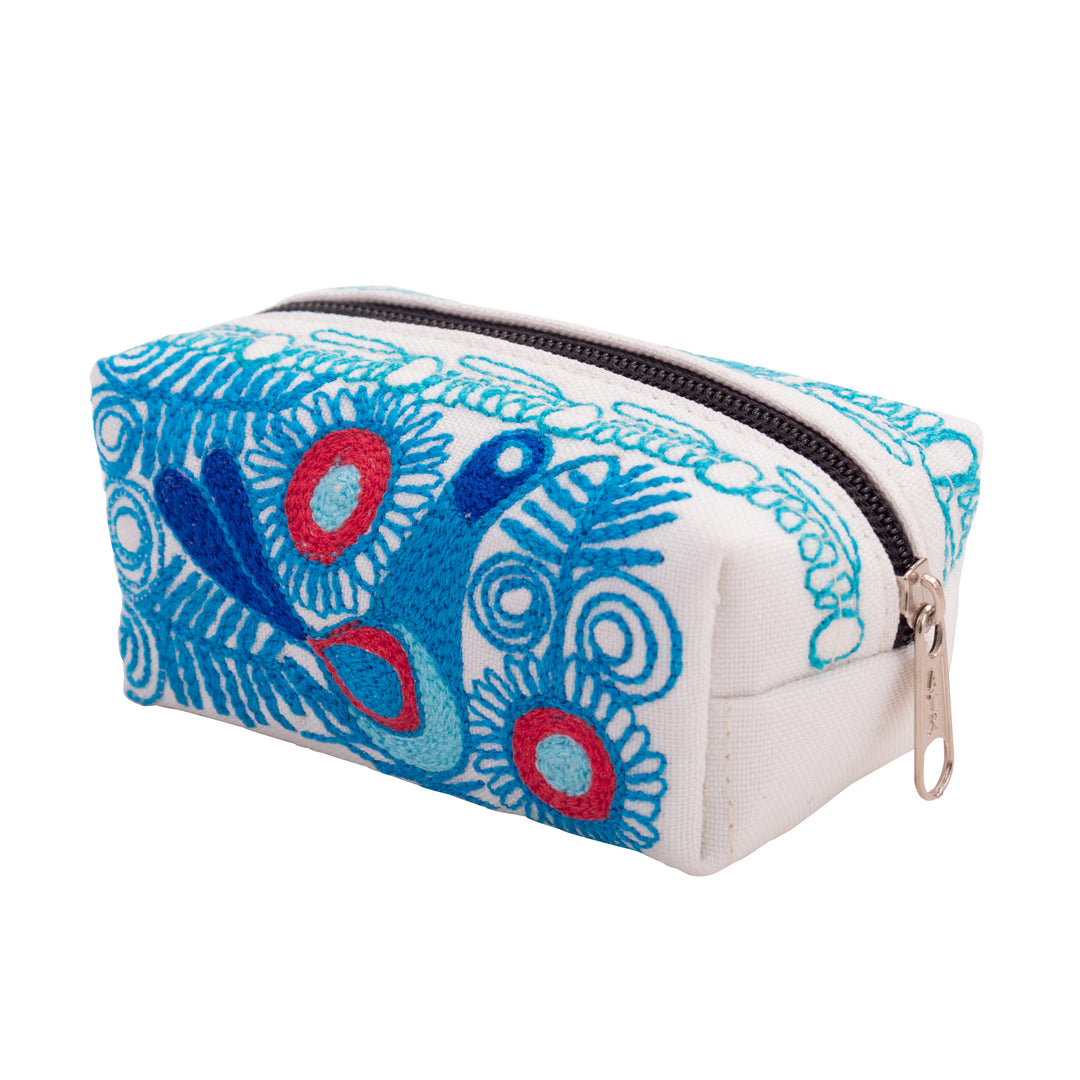 Bird-Themed Blue and White Acrylic Embroidered Cosmetic Bag - Ethereal Feathers