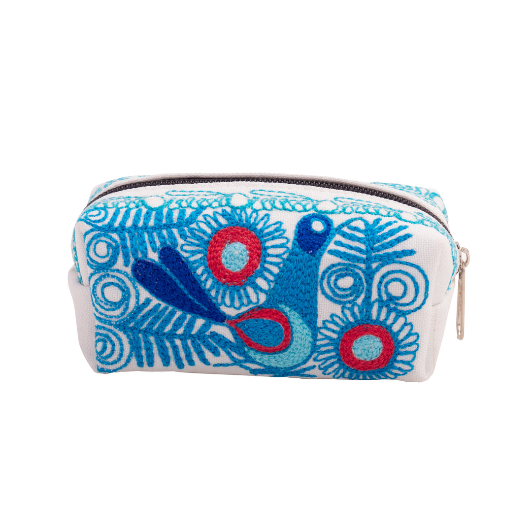 Bird-Themed Blue and White Acrylic Embroidered Cosmetic Bag - Ethereal Feathers
