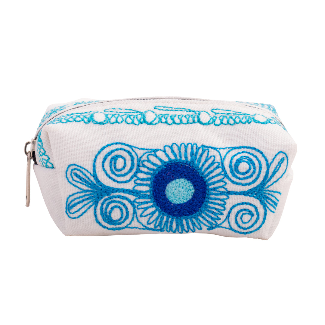 Bird-Themed Blue and White Acrylic Embroidered Cosmetic Bag - Ethereal Feathers