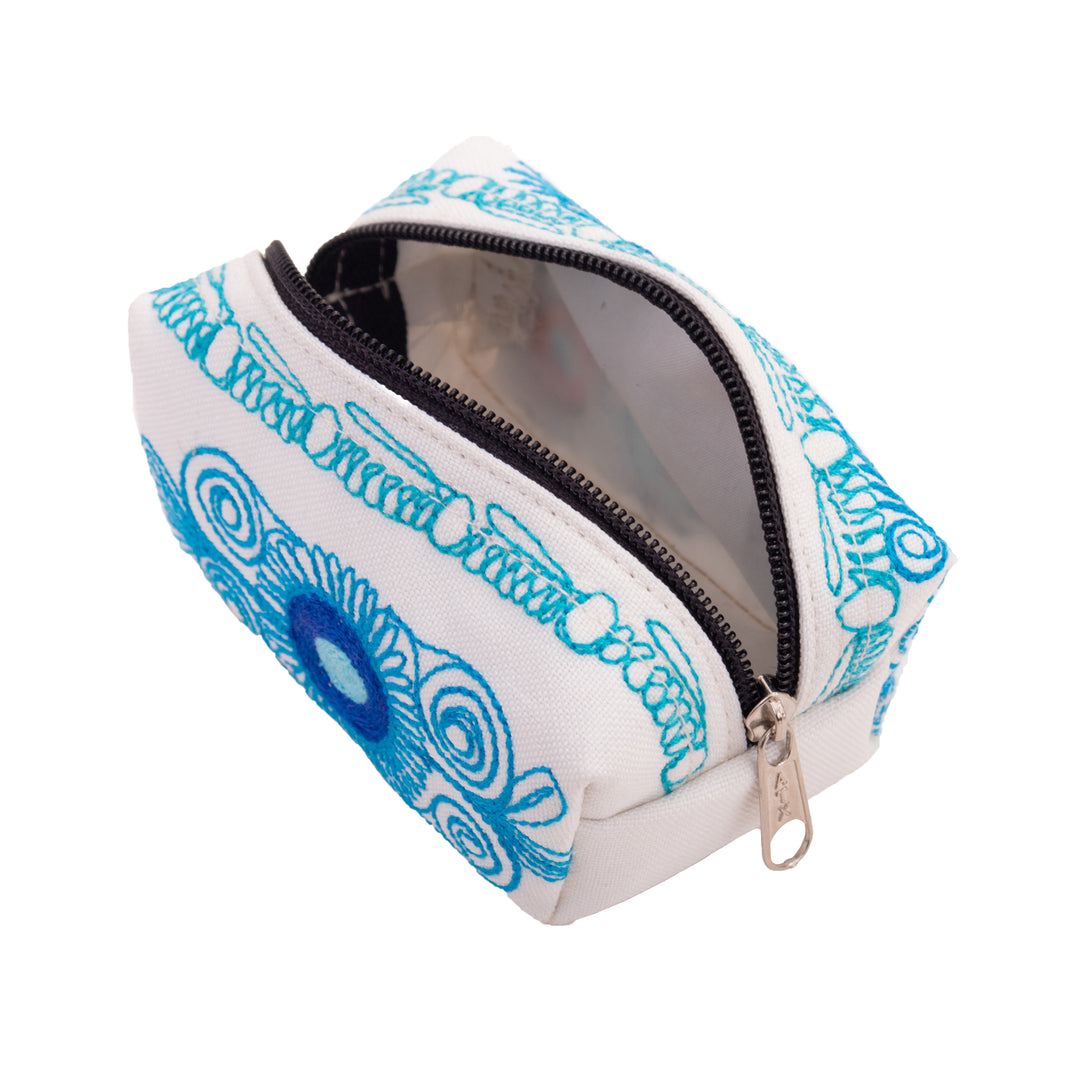 Bird-Themed Blue and White Acrylic Embroidered Cosmetic Bag - Ethereal Feathers