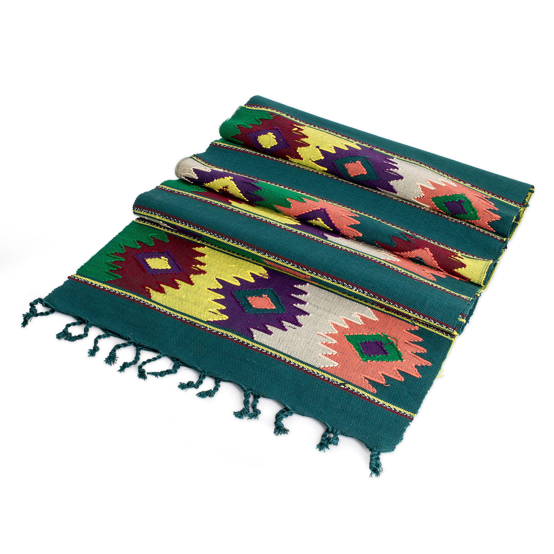 Handwoven Green Cotton Table Runner with Guatemalan Motifs - Colorful Stars
