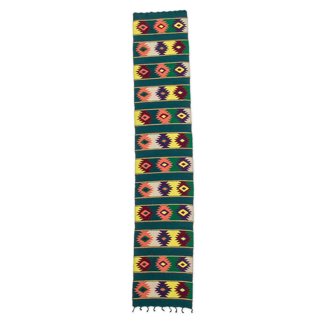 Handwoven Green Cotton Table Runner with Guatemalan Motifs - Colorful Stars