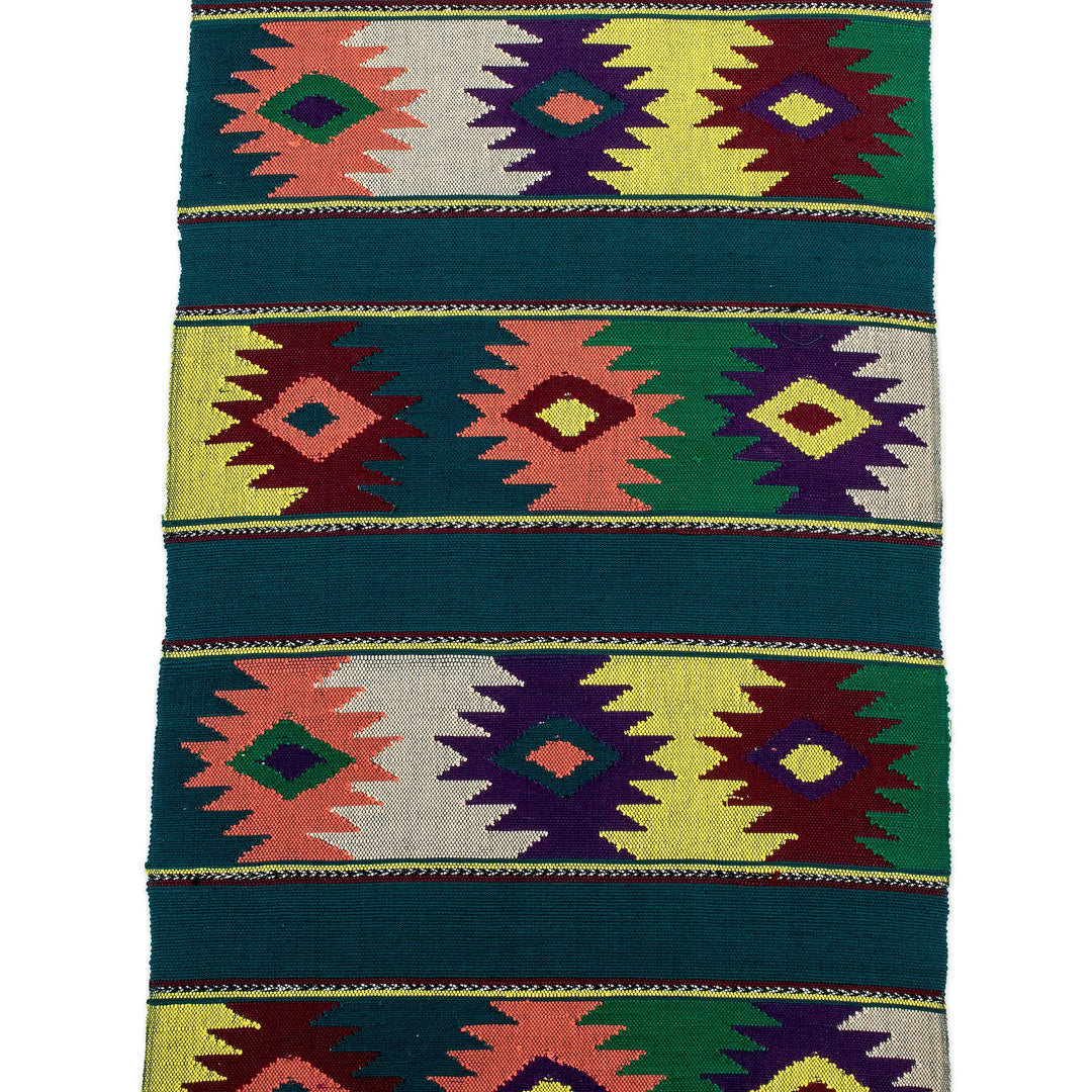 Handwoven Green Cotton Table Runner with Guatemalan Motifs - Colorful Stars