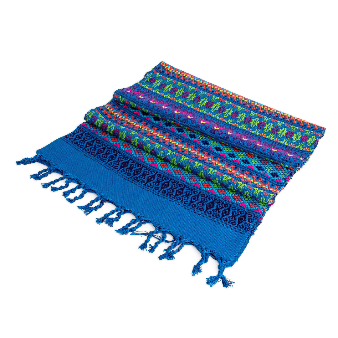 Handwoven Blue Geometric Cotton Table Runner with Fringes - Sea Path