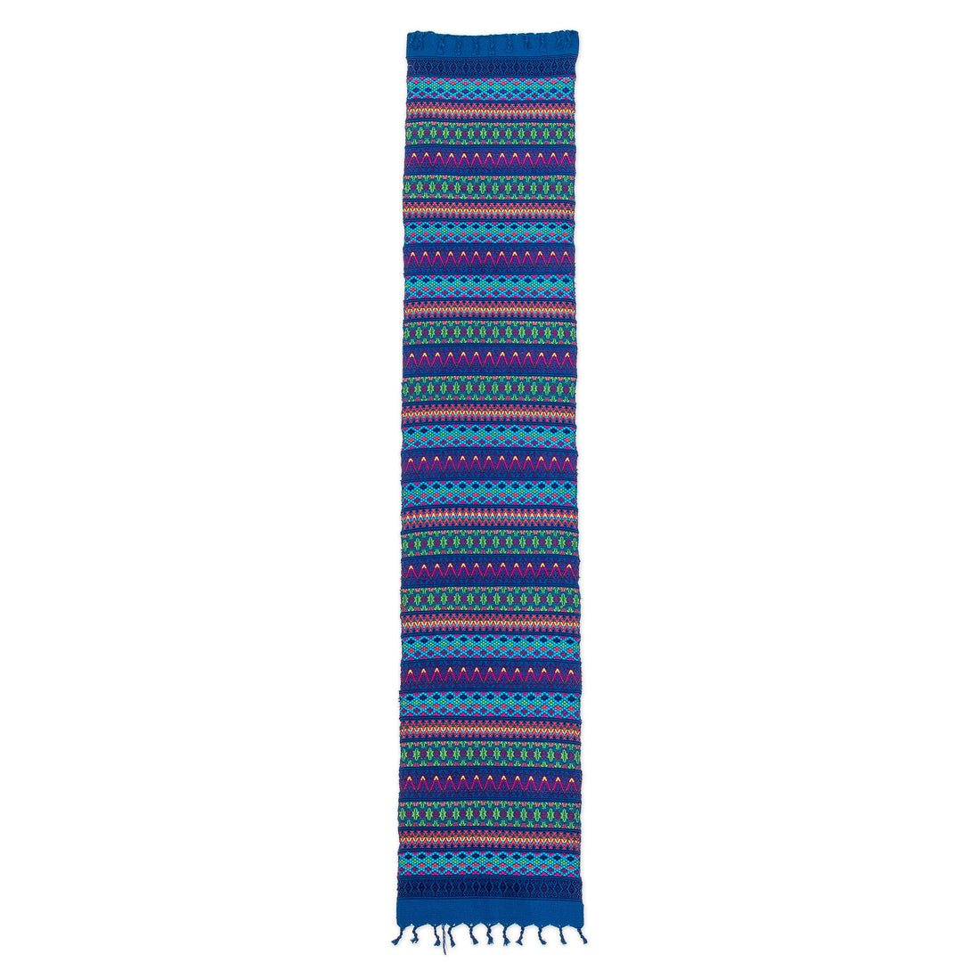 Handwoven Blue Geometric Cotton Table Runner with Fringes - Sea Path
