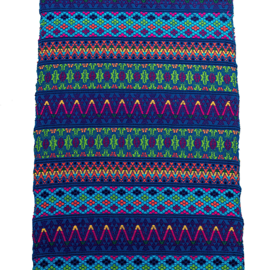 Handwoven Blue Geometric Cotton Table Runner with Fringes - Sea Path