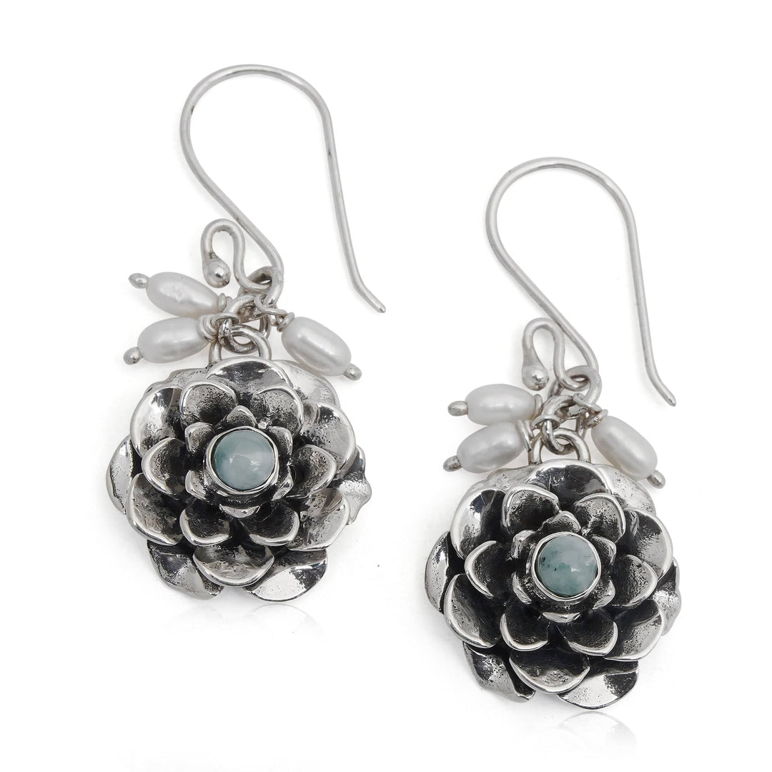 Floral Silver Earrings with Larimar Gems and Cultured Pearls - Splendid Lotus