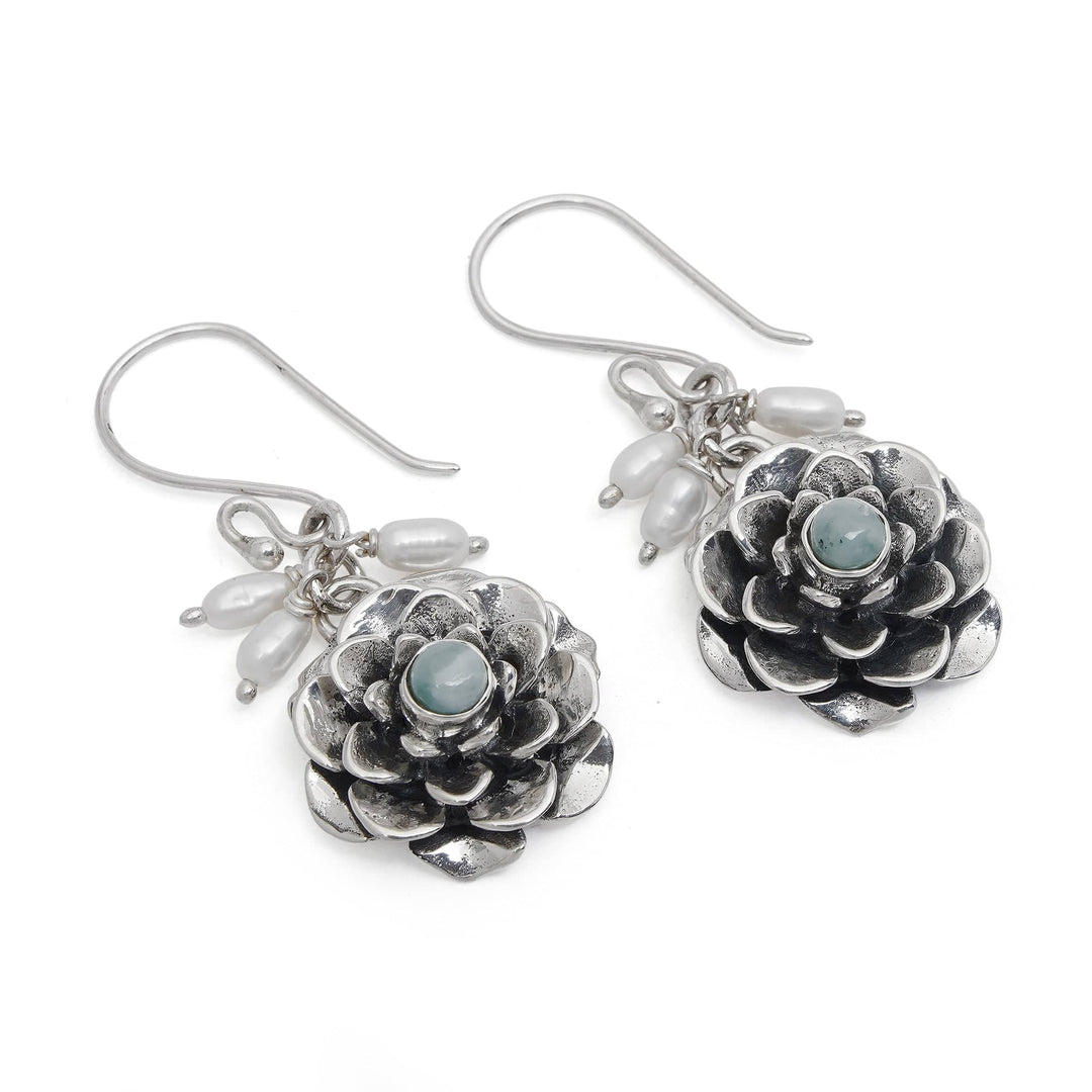 Floral Silver Earrings with Larimar Gems and Cultured Pearls - Splendid Lotus