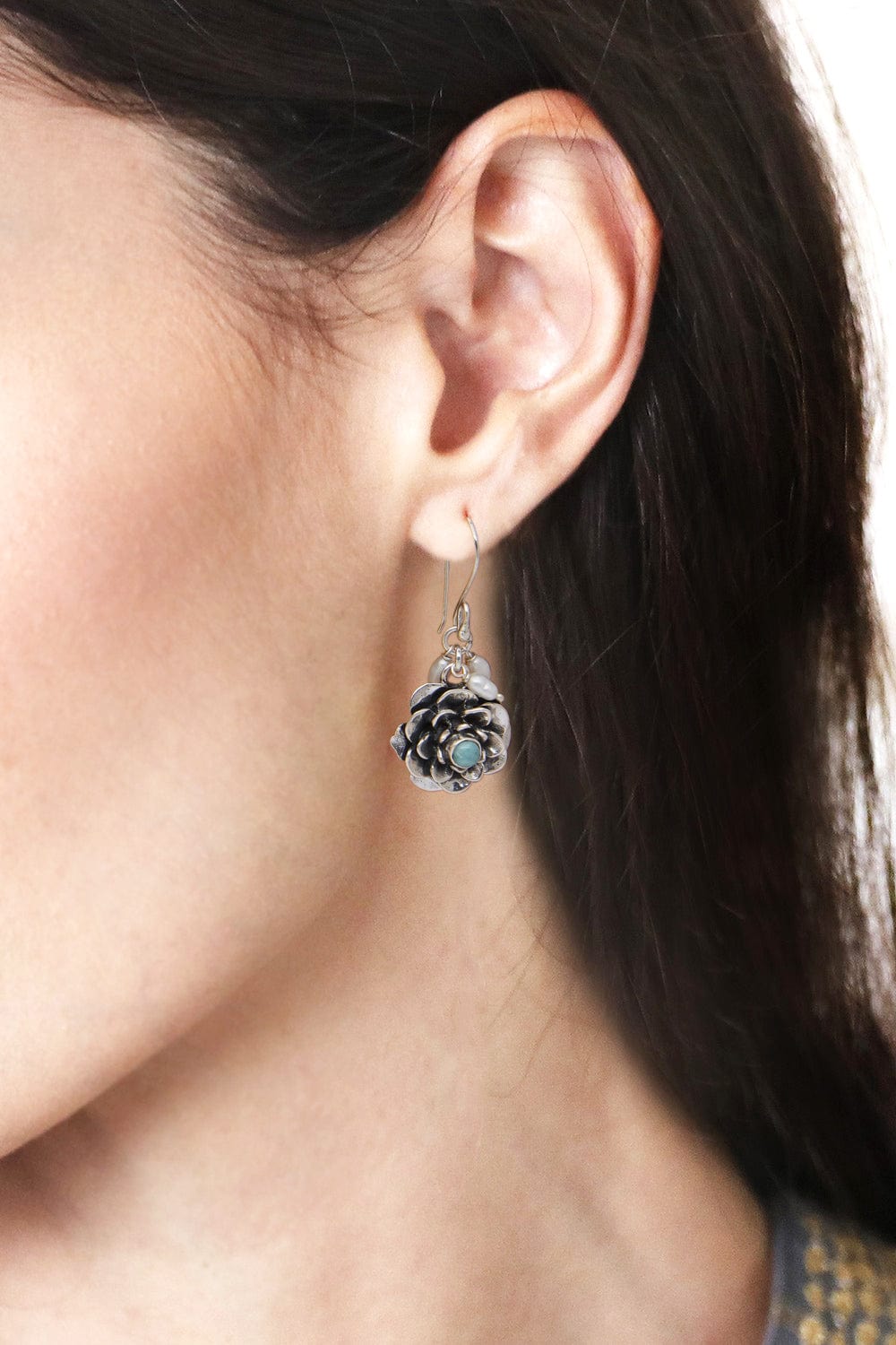 Floral Silver Earrings with Larimar Gems and Cultured Pearls - Splendid Lotus