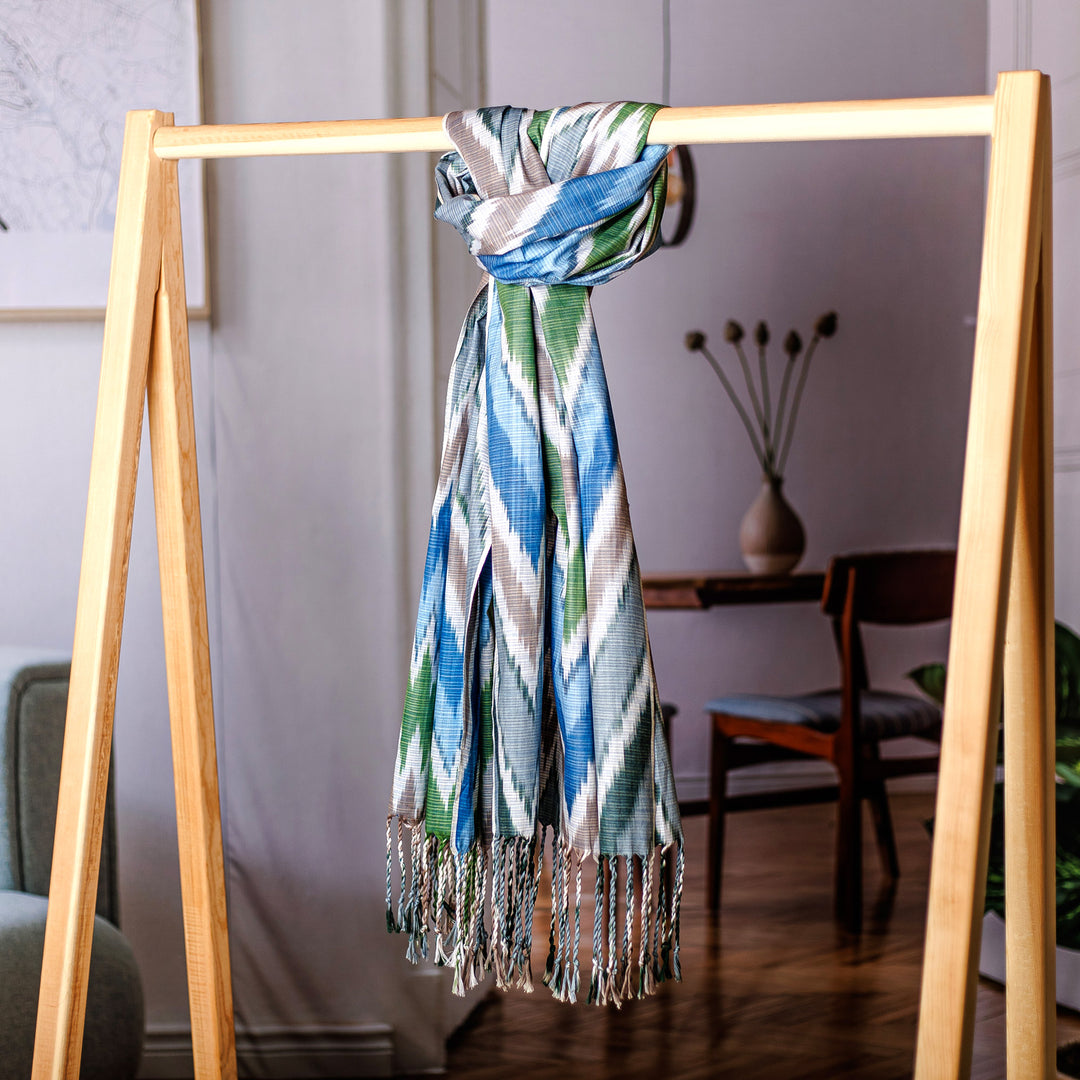 Chevron-Inspired Handmade Colorful Fringed Cotton Ikat Scarf - Ikat Stories