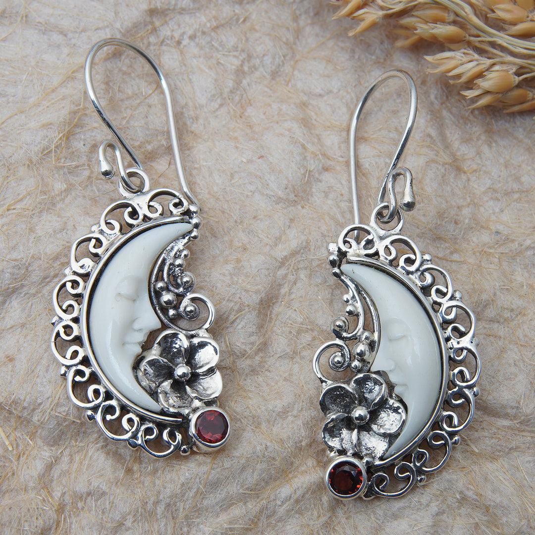 Silver Garnet Dangle Earrings with Hand-Carved Moon Motif - Dreaming Moon
