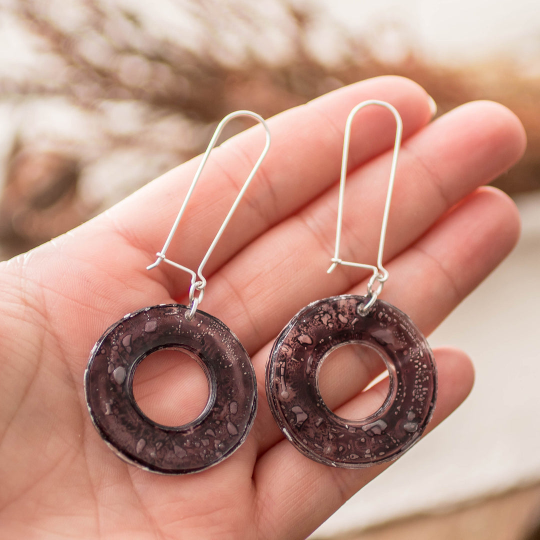 Eco-Friendly Modern Round Black Recycled CD Dangle Earrings - Nocturnal Era
