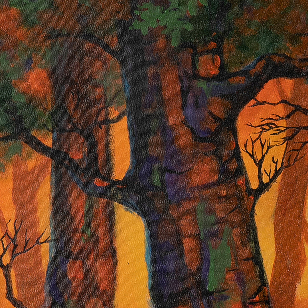 Impressionist Orange and Green Acrylic Painting of a Forest - The Primordial Forest