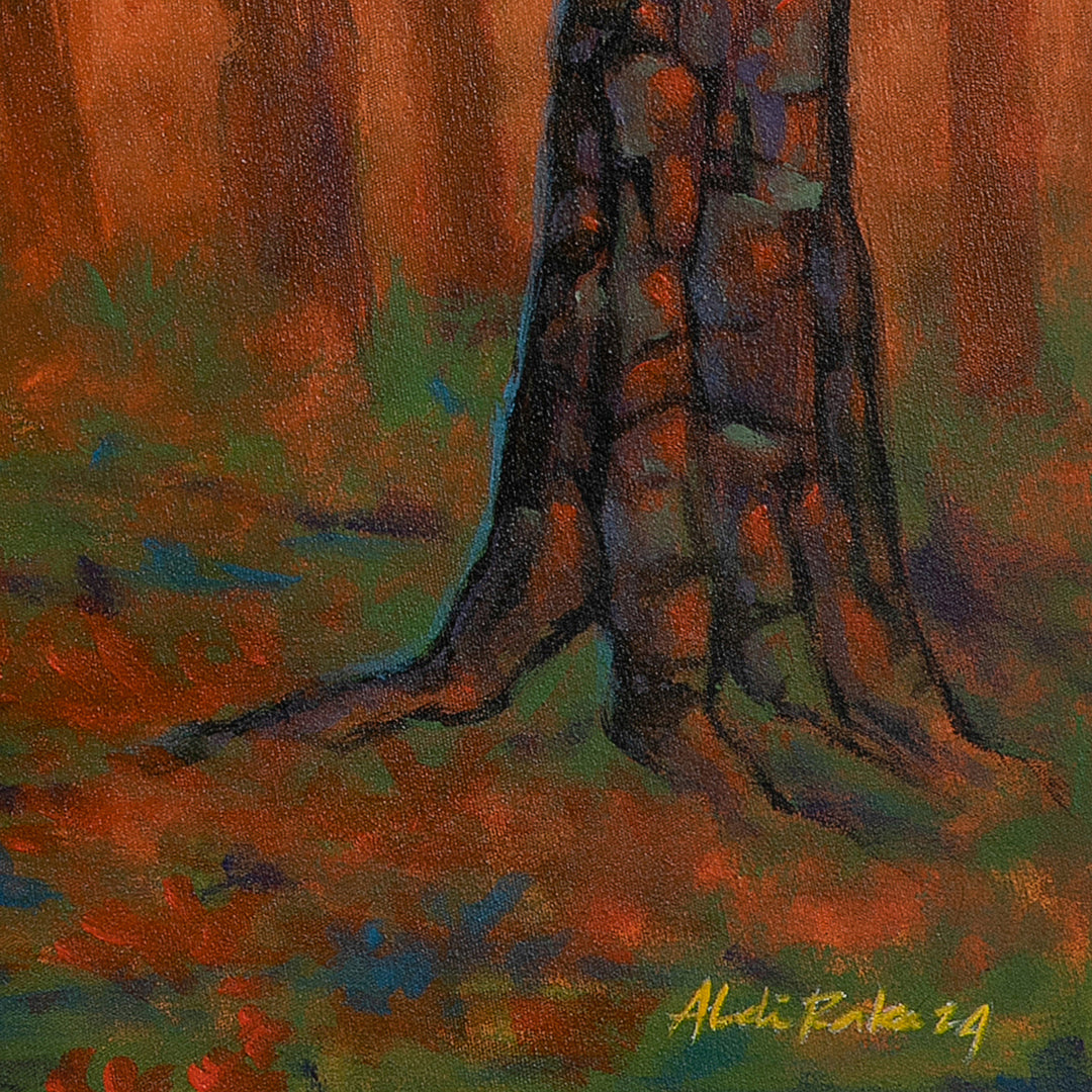 Impressionist Orange and Green Acrylic Painting of a Forest - The Primordial Forest