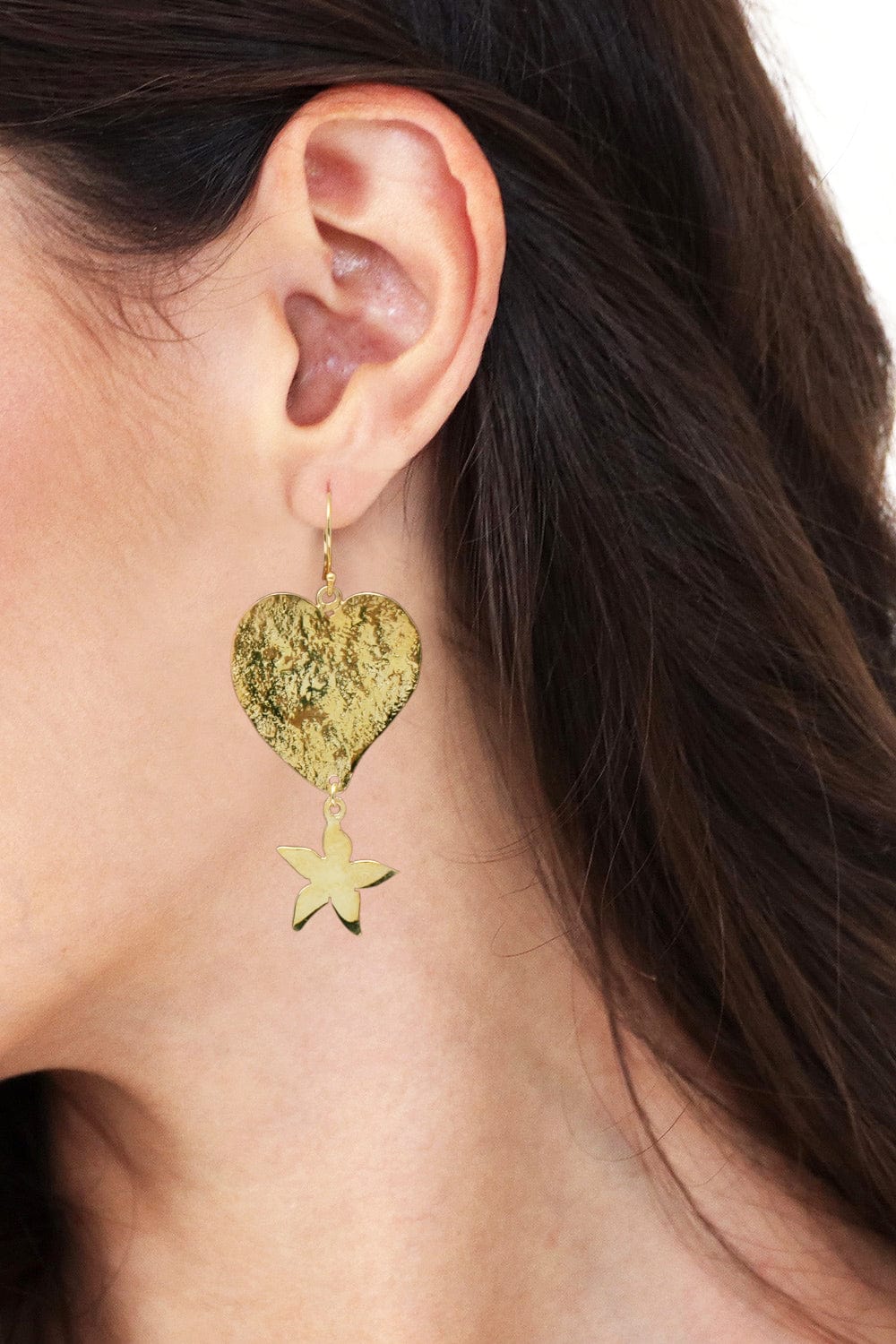 Artisan-Made Floral 18k Gold-Plated Heart Dangle Earrings - Tropical Romance