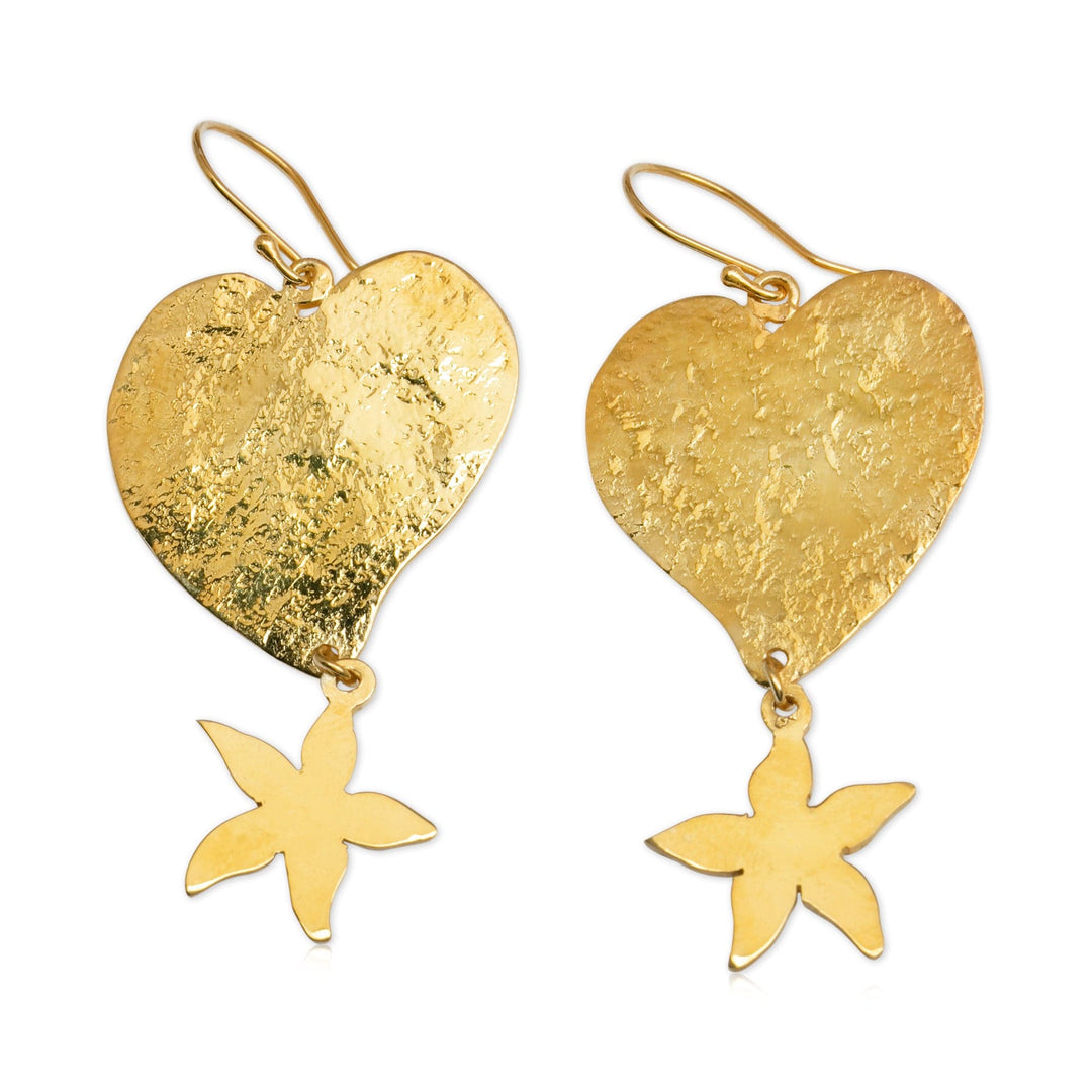 Artisan-Made Floral 18k Gold-Plated Heart Dangle Earrings - Tropical Romance
