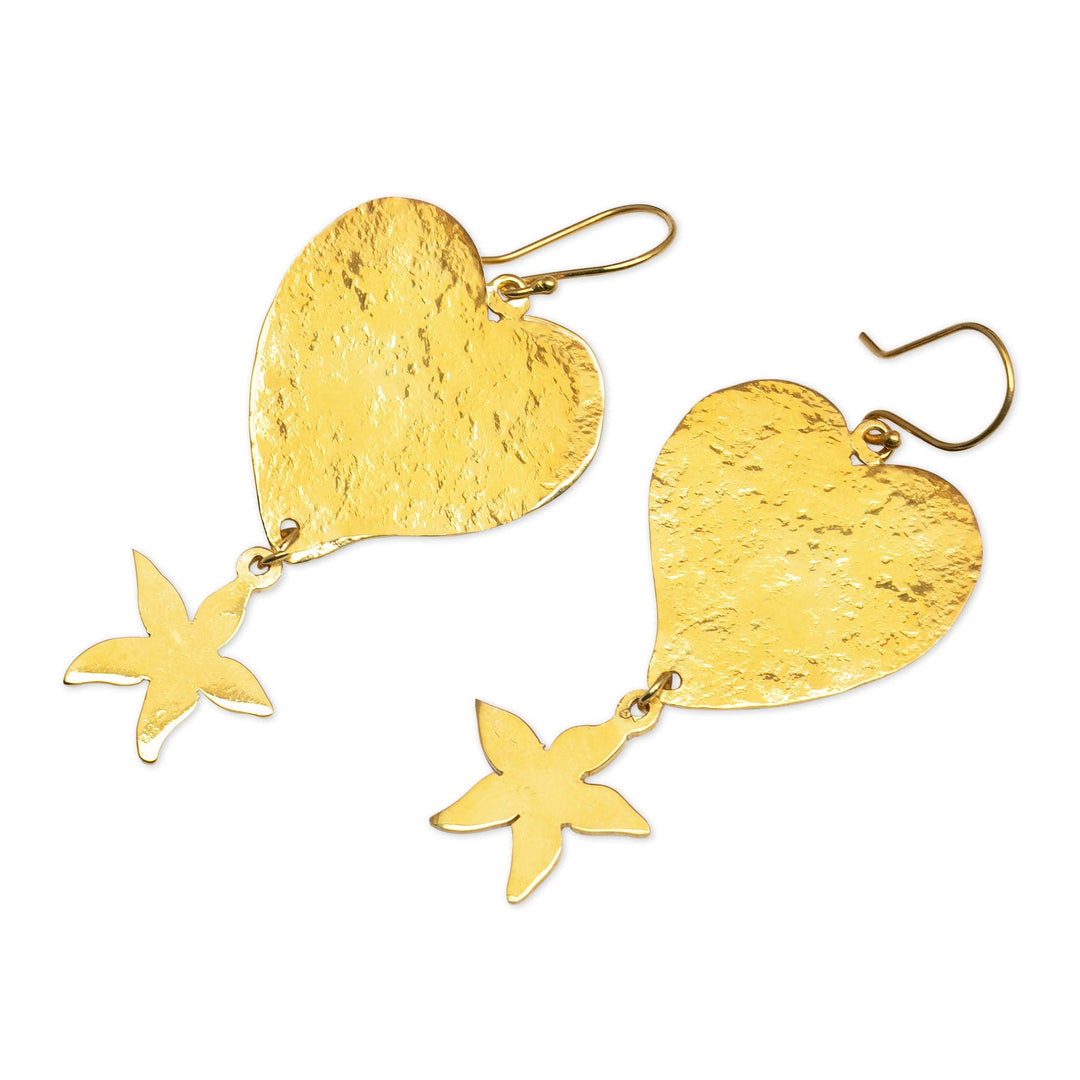 Artisan-Made Floral 18k Gold-Plated Heart Dangle Earrings - Tropical Romance