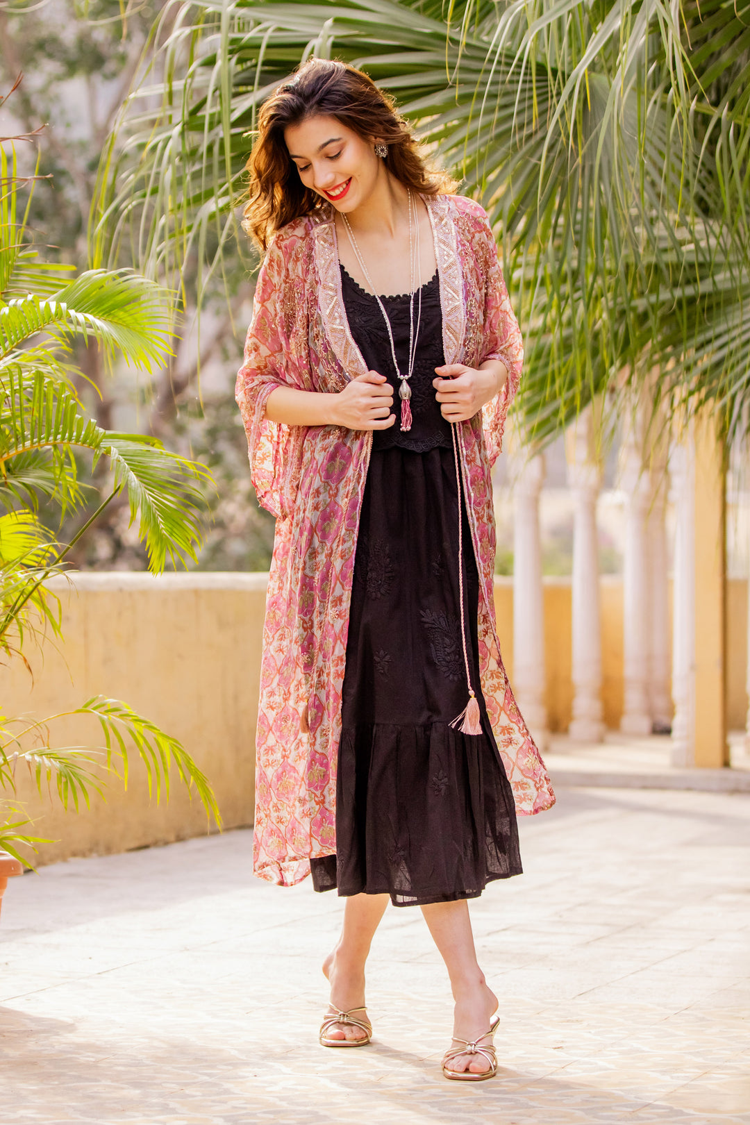 Floral Orange and Fuchsia Viscose Blend Kimono with Sequins - Luminous Lines