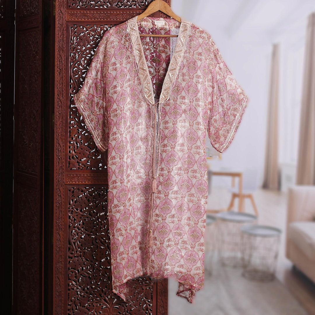 Floral Orange and Fuchsia Viscose Blend Kimono with Sequins - Luminous Lines