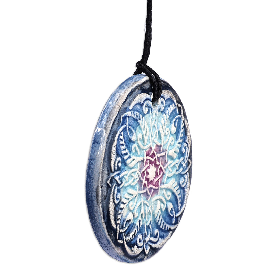 Hand-Painted Classic Blue Floral Ceramic Pendant Necklace - Armenian Mandala