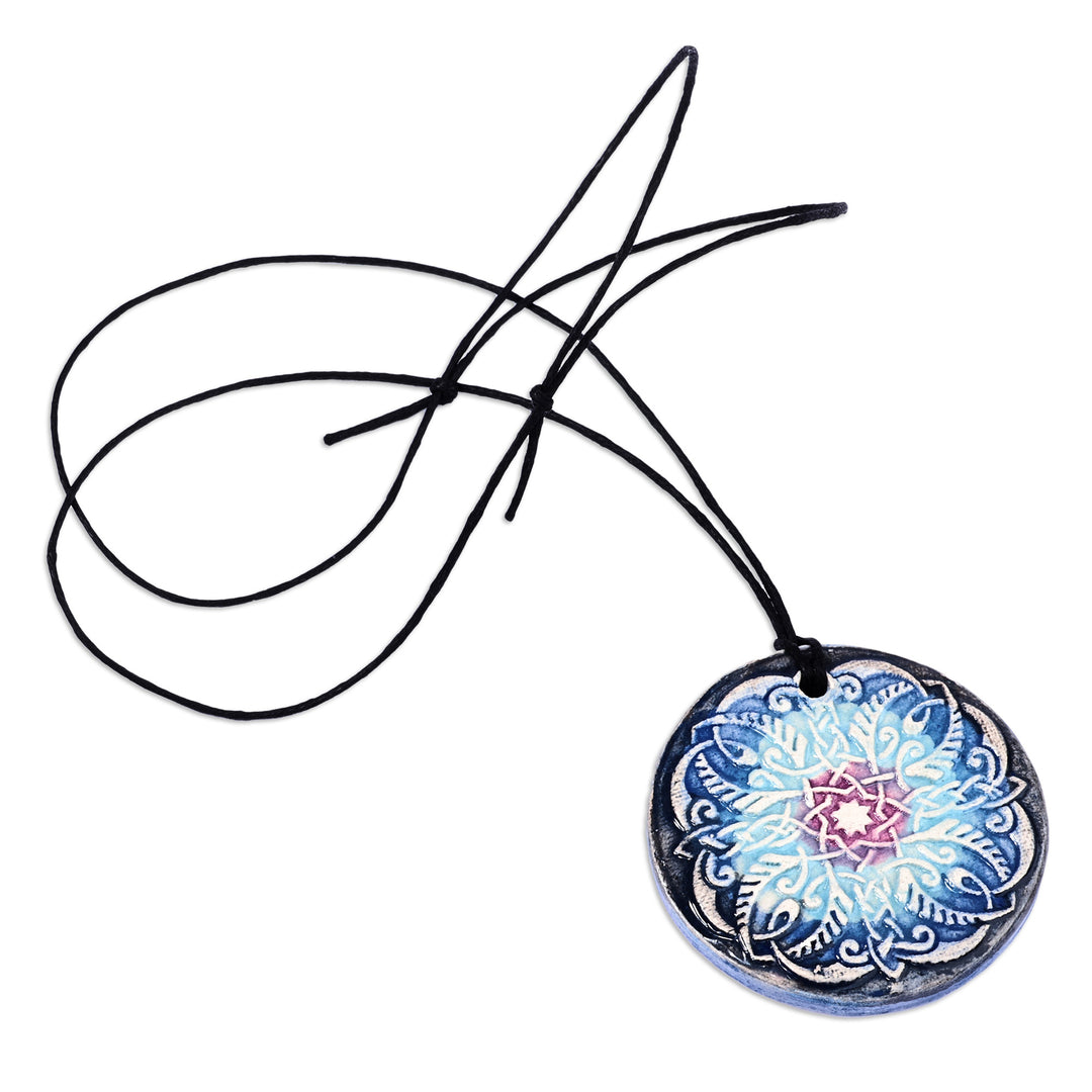 Hand-Painted Classic Blue Floral Ceramic Pendant Necklace - Armenian Mandala
