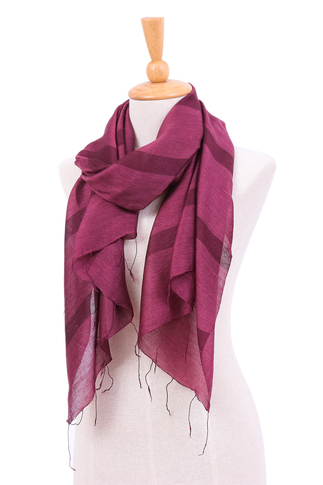 Striped Bordeaux Cotton and Silk Blend Scarf with Fringes - Bordeaux Touch