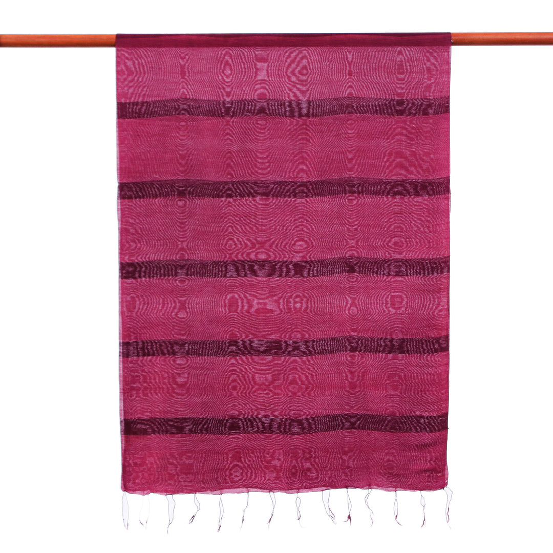 Striped Bordeaux Cotton and Silk Blend Scarf with Fringes - Bordeaux Touch