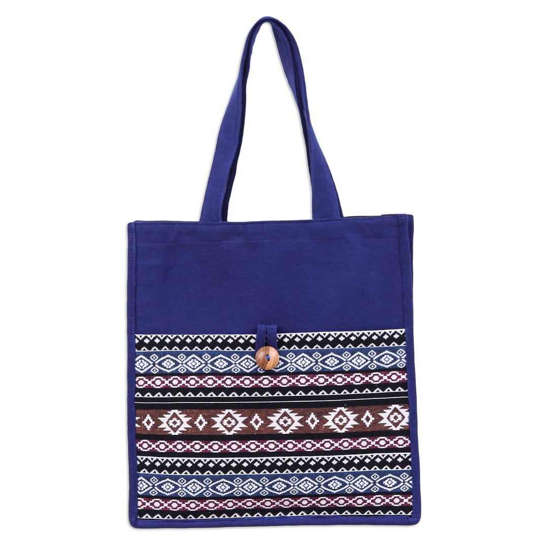 Traditional-Patterned Blue Cotton Tote Bag Made in Thailand - Thai Nights
