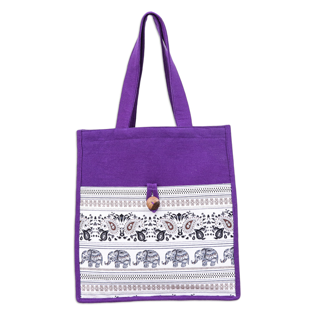 Thai Elephant-Themed Imperial Purple 100% Cotton Tote Bag - Sagacious Thailand