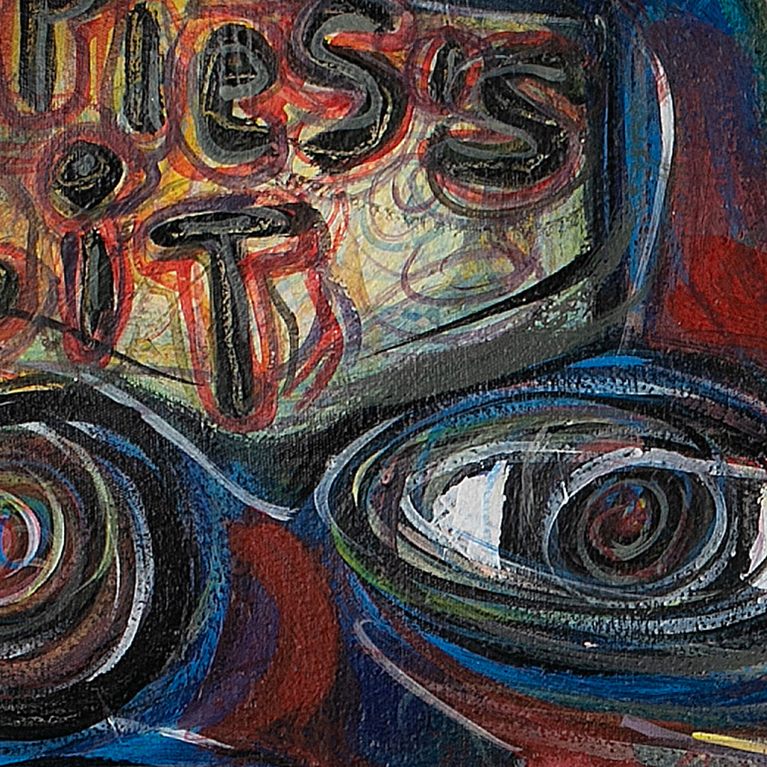 Unstretched Multicolor Mixed Media Childhood Dog Painting - Puppies Sit