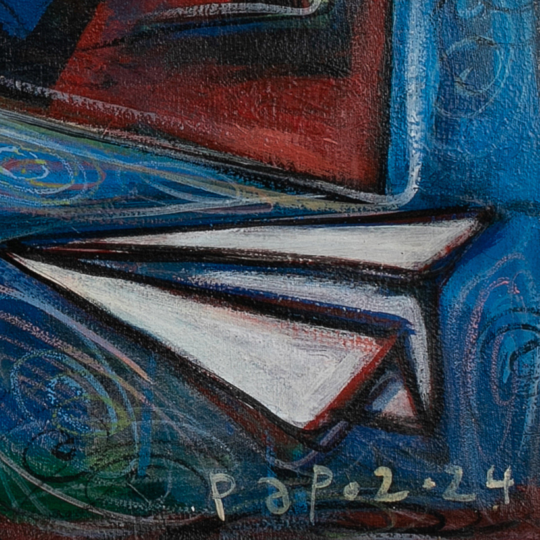 Signed Expressionist Mixed Media Painting of Flying Man - Pesawatku