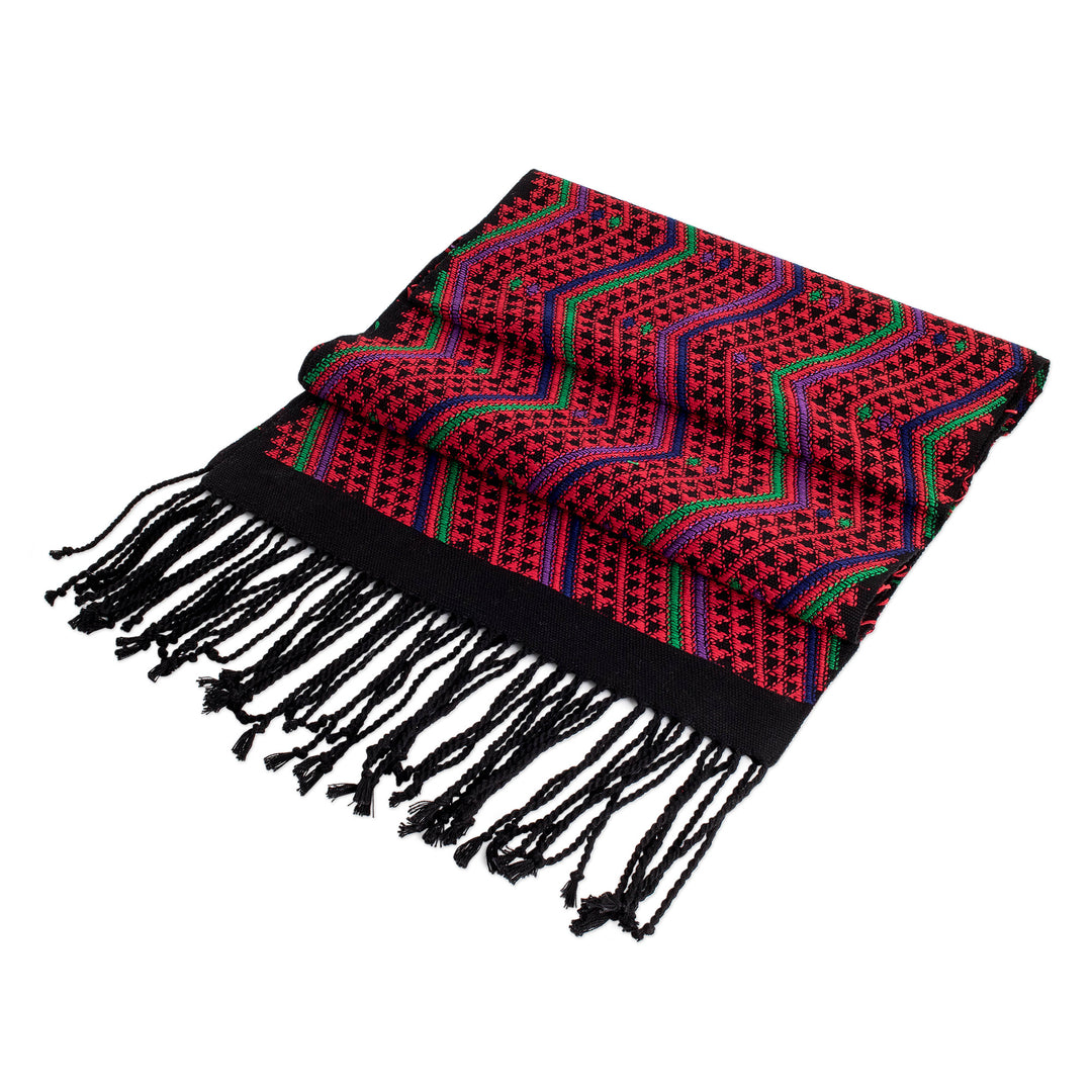 Guatemalan Loomed Zigzag-Patterned Red Cotton Table Runner - Magical Paths
