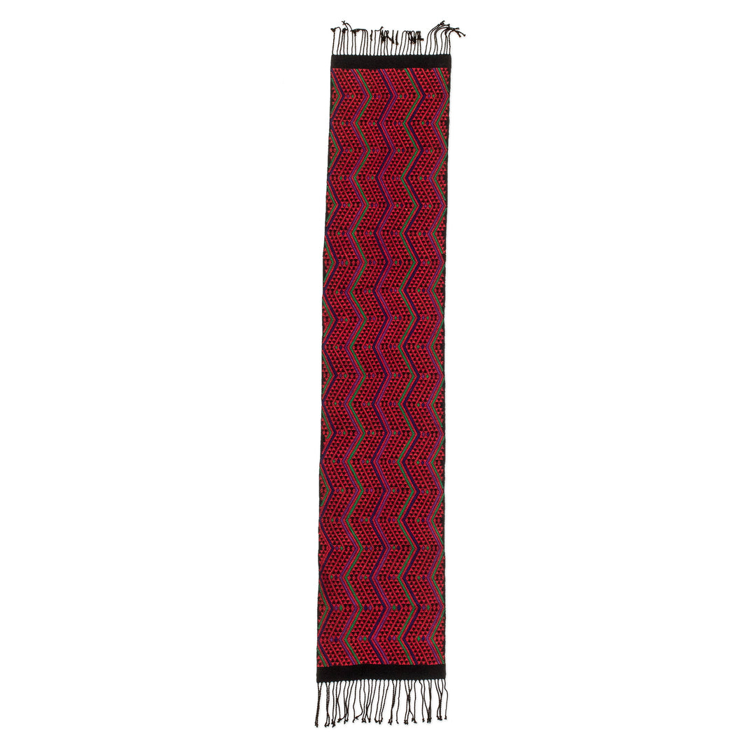 Guatemalan Loomed Zigzag-Patterned Red Cotton Table Runner - Magical Paths