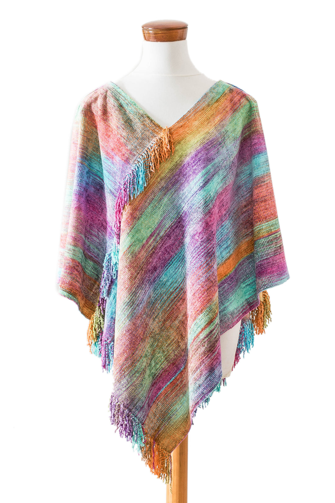 Pastel-Toned Handwoven Fringed Cotton and Rayon Blend Poncho - Pastel Dreams
