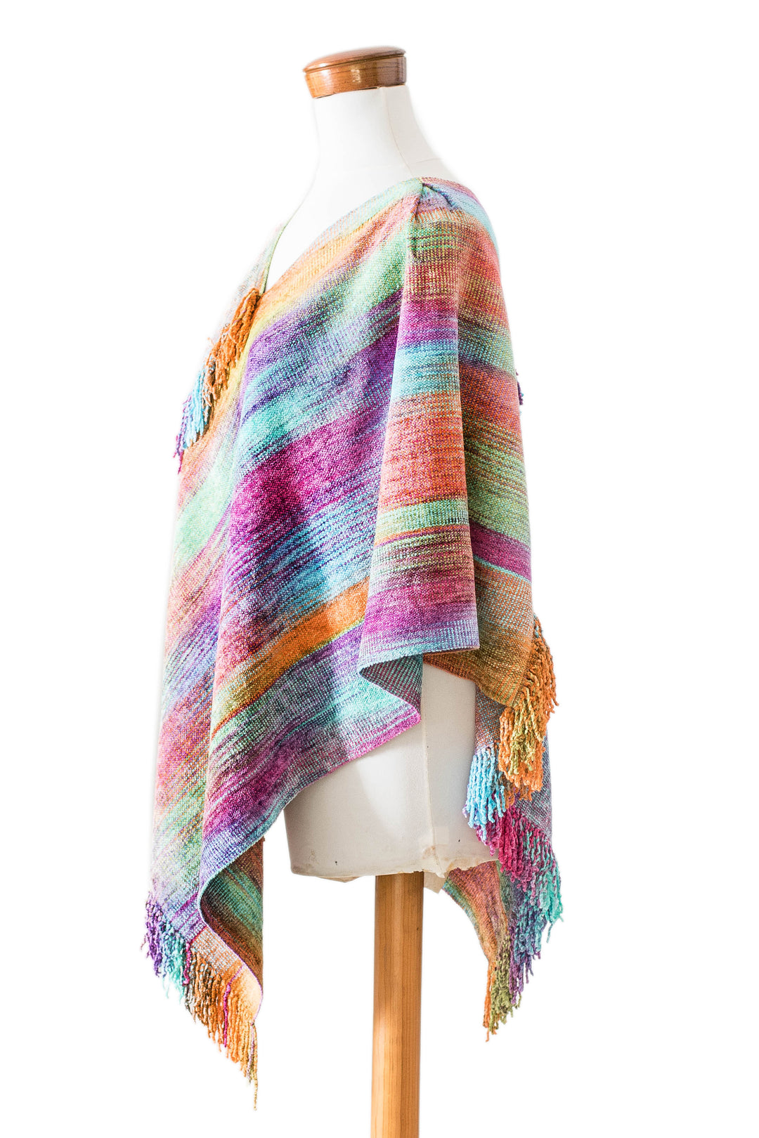 Pastel-Toned Handwoven Fringed Cotton and Rayon Blend Poncho - Pastel Dreams
