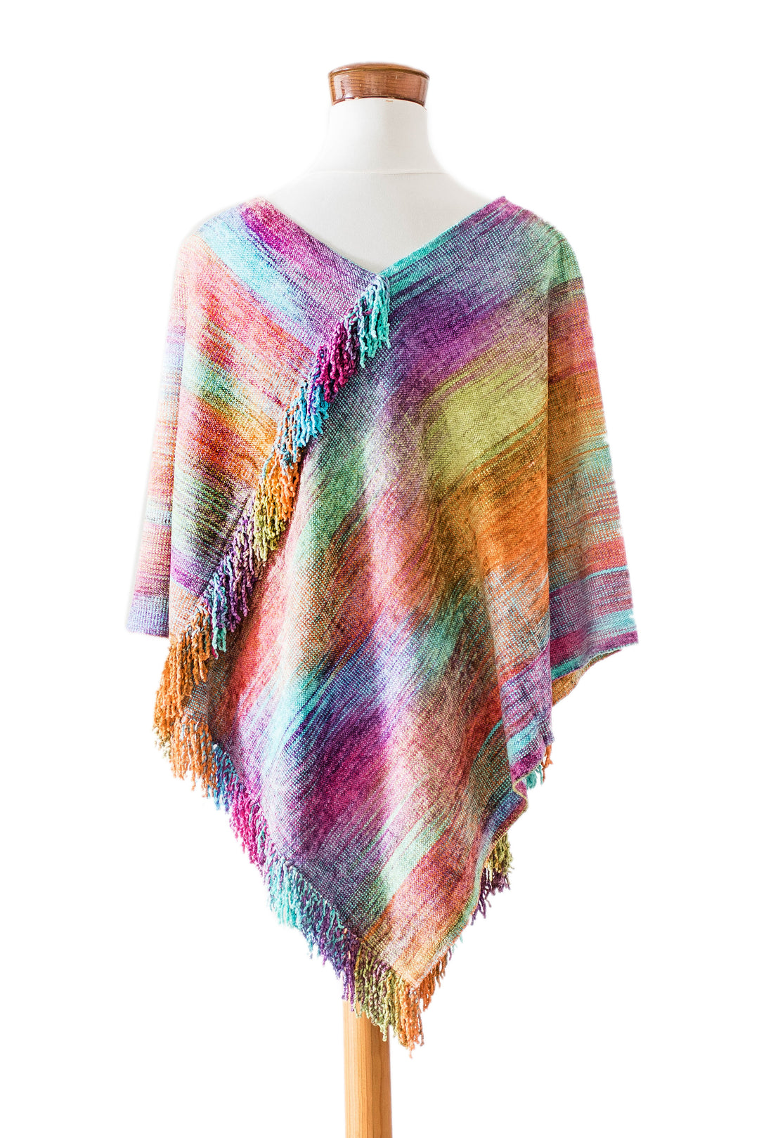 Pastel-Toned Handwoven Fringed Cotton and Rayon Blend Poncho - Pastel Dreams