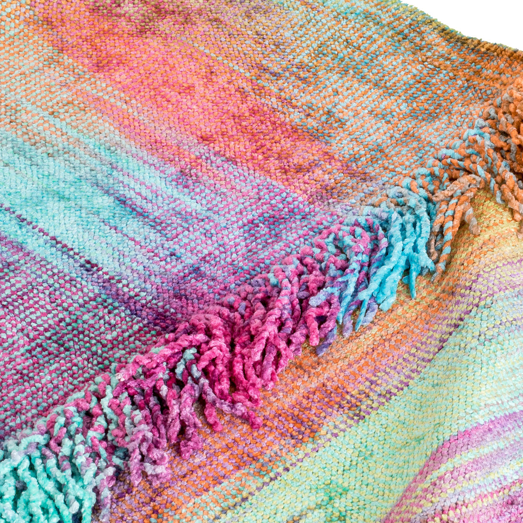 Pastel-Toned Handwoven Fringed Cotton and Rayon Blend Poncho - Pastel Dreams