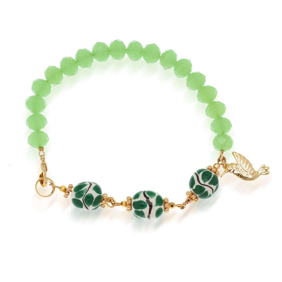 14k Gold-Accented Green Ceramic and Crystal Link Bracelet - My Green World