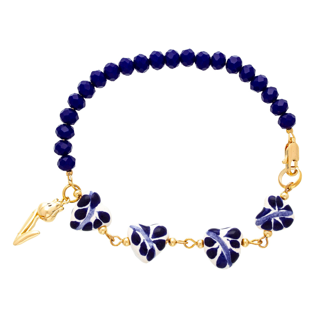 Gold-Accented Blue Ceramic and Crystal Link Heart Bracelet - My Cobalt Blue Romance