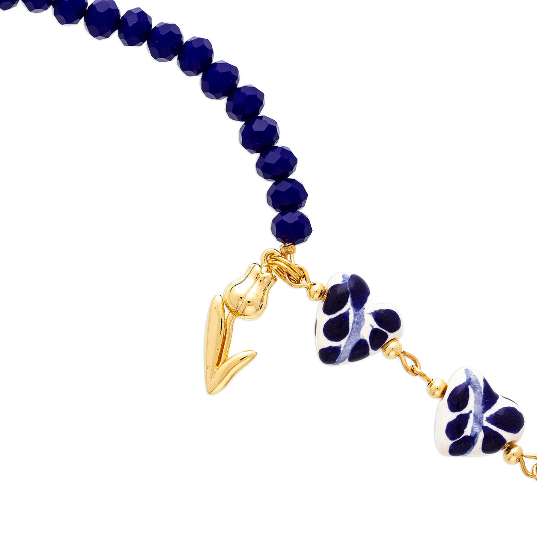 Gold-Accented Blue Ceramic and Crystal Link Heart Bracelet - My Cobalt Blue Romance