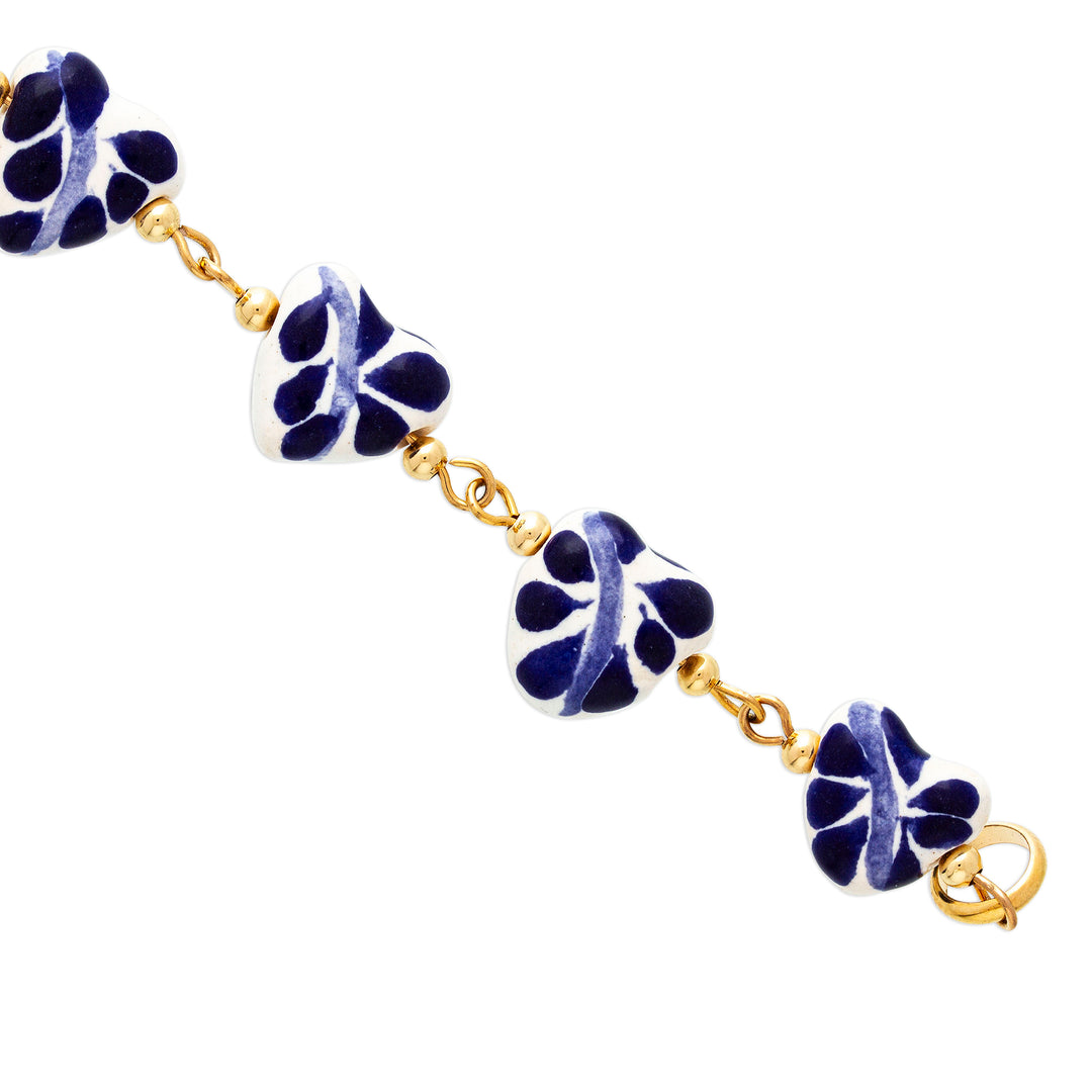 Gold-Accented Blue Ceramic and Crystal Link Heart Bracelet - My Cobalt Blue Romance