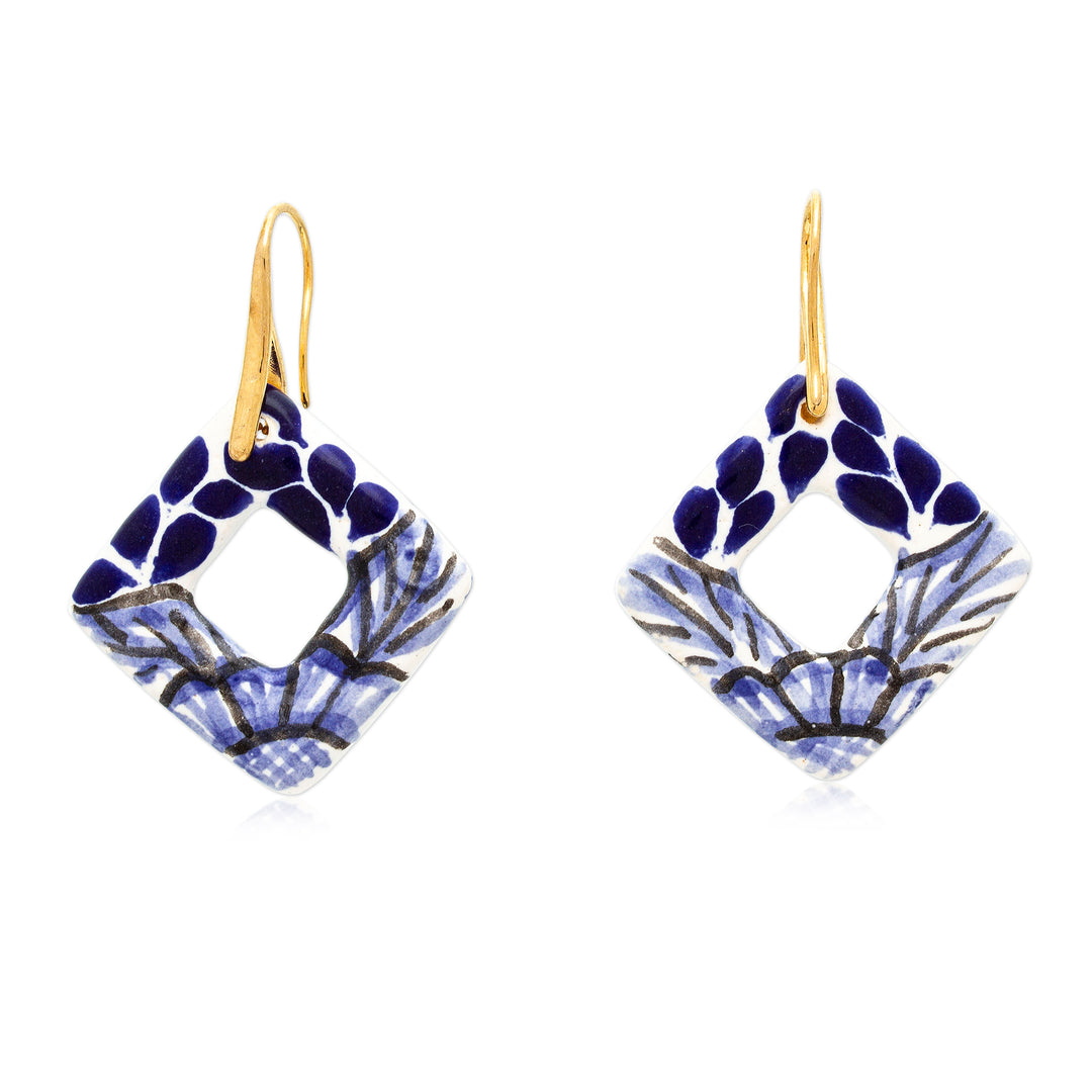 Leafy Diamond-Shaped Blue Ceramic Talavera Dangle Earrings - Cobalt Blue Diamonds