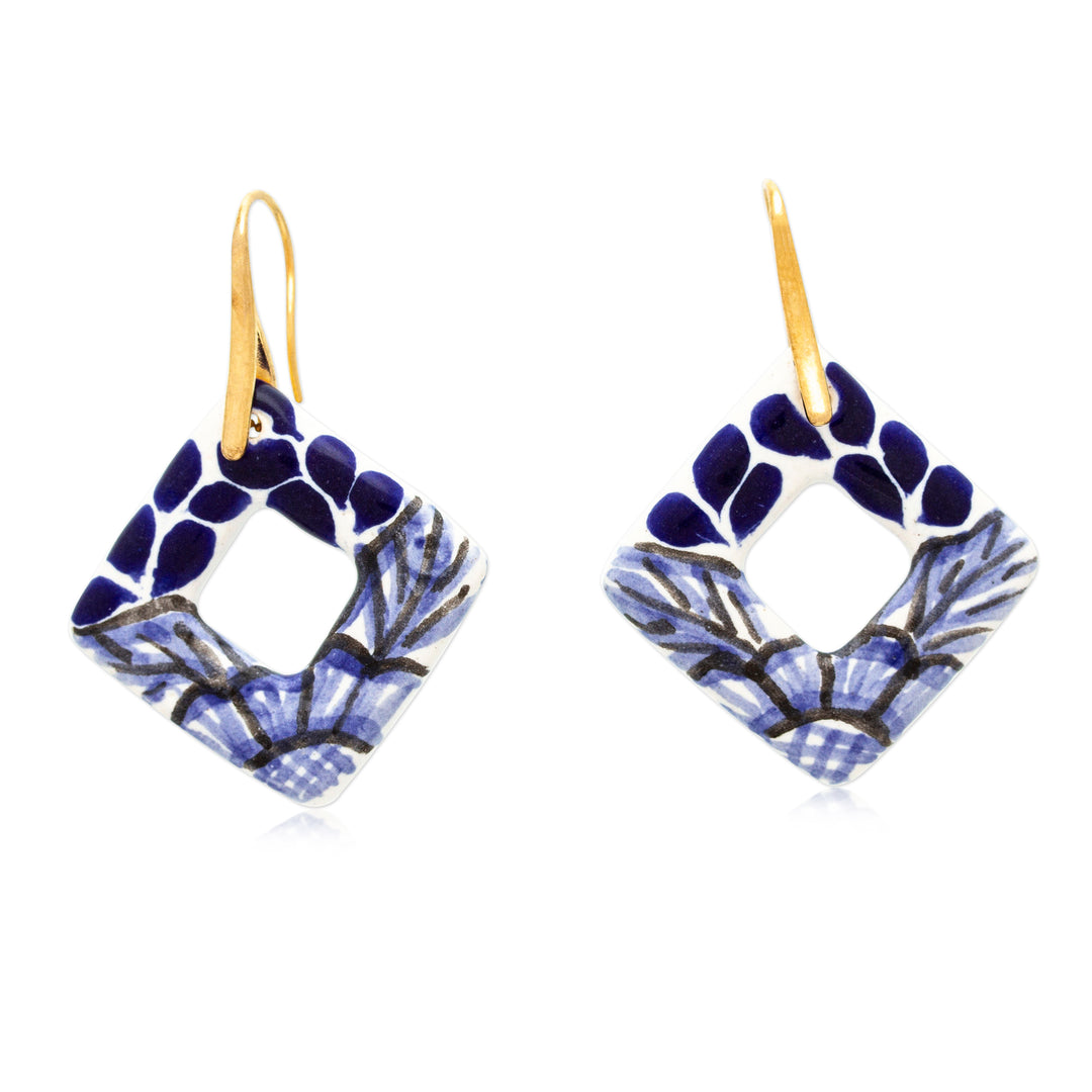 Leafy Diamond-Shaped Blue Ceramic Talavera Dangle Earrings - Cobalt Blue Diamonds