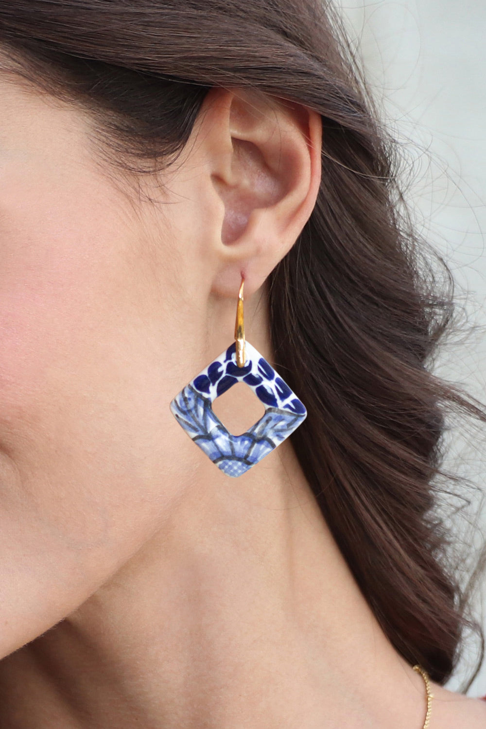 Leafy Diamond-Shaped Blue Ceramic Talavera Dangle Earrings - Cobalt Blue Diamonds