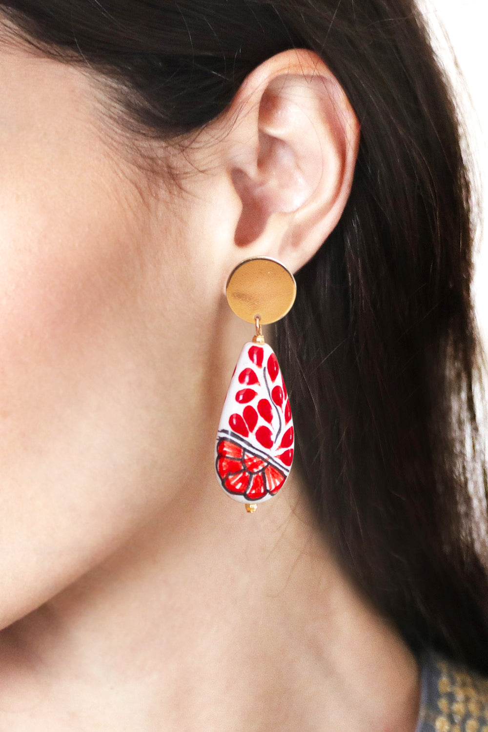 Floral Red Gold-Accented Drop-Shaped Ceramic Dangle Earrings - Passionate Rain